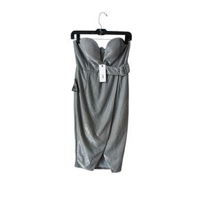 Rare London Strapless Deep Plunge Metallic Silver Dress Size 6 NWT